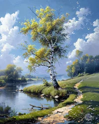 Bäume und Fluss, ruhige Wasseroberfläche bis zum Horizont