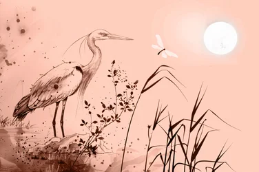 Tuschzeichnung eines Reihers, der auf Felsen nahe dem Wasser steht