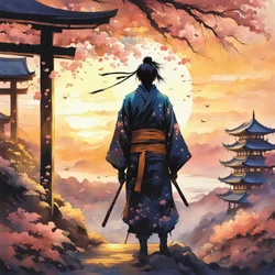 Japanischer Samurai, in einem Tempel auf einem Berg, rosa Farben