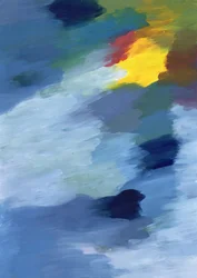 Eine expressive Verschmelzung der drei Primärfarben Blau, Rot und Gelb, die in Harmonie tanzen