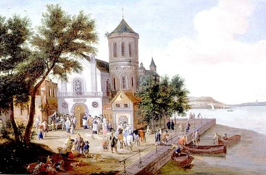 Küstenlandschaft mit Figuren auf einem Kirchplatz
