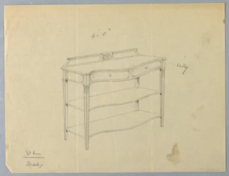 Entwurf für einen länglichen Serviertisch mit zwei Regalen