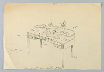 Entwurf für halbkreisförmigen Schreibtisch "C" mit Messingfüßen und Messinggeländer