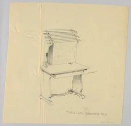 Entwurf für Tisch mit bündigem Zeitungsständer