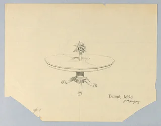 Entwurf für einen Esstisch aus Mahagoni mit einer Blumenvase