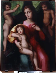 Die Jungfrau, die das schlafende Jesuskind mit zwei Engeln anbetet