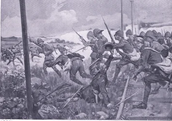 Angriff der Scots Fusiliers bei Frederikstad, Illustration aus After Pretoria: The Guerilla War, 1902