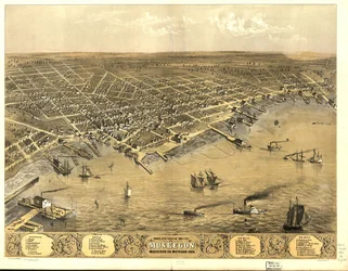 Vogelperspektive der Stadt Muskegon, Muskegon Co., Michigan 1868