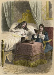 Ludwig XIV., König von Frankreich, hörte gerne Jean Racine vorlesen und ließ ihn kommen, als er krank war. Gravur von A. Duruy in 
