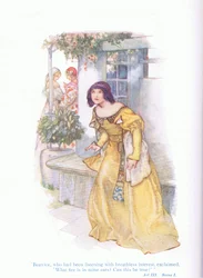 Beatrice, die mit atemloser Spannung zugehört hatte, rief: "Welches Feuer ist in meinen Ohren, kann das wahr sein?" (Viel Lärm um nichts), aus Tales from Shakespeare, veröffentlicht von Ward Lock & Co Ltd