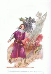 Ferdinand folgte erstaunt dem Klang von Ariels Stimme (Der Sturm), aus Geschichten aus Shakespeare, veröffentlicht von Ward Lock & Co Ltd