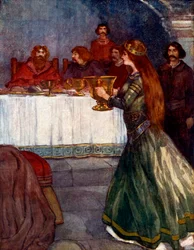 Rowena kam in den Raum und trug einen schönen goldenen Becher, ca. 430 n. Chr., 1905