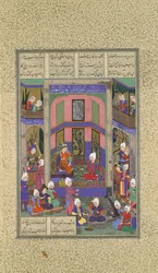Manuchihr begrüßt Sam, befiehlt aber den Krieg gegen Mihrab, Folio 80v aus dem Shahnama..., ca. 1525