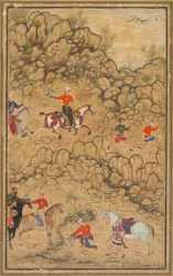 Jagd mit Falken in einer Landschaft, Rückseite: Kalligraphie von Chaghatai-Türkischen Gedichten..., um 1558-60