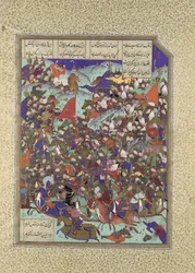 Kai Khusrau besiegt die Armee von Makran, Folio 376v aus dem Shahnama Buch der Könige, ca. 1525-30