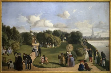 Ansicht von La Rochelle (Garten des Bades Marie Therese). Figuren des Bürgertums in einem Park: Paar plaudert auf einer Bank, Männer grüßen Damen, Kind spielt mit einem Reifen... Gemälde von Alexandre Abel de Pujol (1785-1861), Öl auf Leinwand