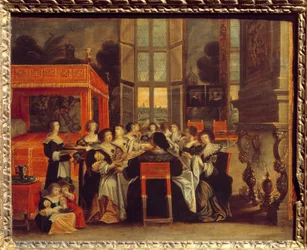 Gespräch der Damen in Abwesenheit ihrer Ehemänner: Abendessen. Gemälde von Abraham Bosse (1602-1676) 17. Jahrhundert