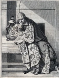 Der mit Bosheit gefüllte Mann: ein Mann mit einem doppelten Mantel aus Frauenköpfen meditiert mit einem Affen an seiner Seite. Reproduktion eines Drucks von Abraham Bosse (1604-1676).