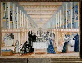 Ansicht des Krankenhauses Charite in Paris während eines Besuchs von Anna von Österreich