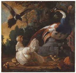 Ein Pfau, Geflügel und eine Elster in einer Landschaft, 1720