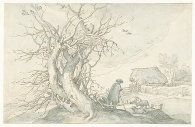 Hirte mit Schafen bei einem toten Baum