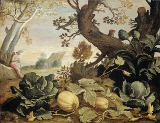 Landschaft mit Früchten und Gemüse im Vordergrund