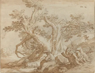 Landschaft mit sitzender Figur und Hund