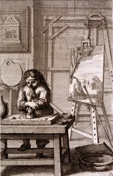 Ein Künstlerlehrling reinigt eine Gravurplatte, aus 