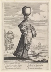 Nach rechts gehende Frau in einer Landschaft, die einen Topf auf dem Kopf trägt