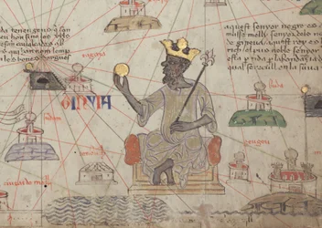 Detail aus dem Katalanischen Atlas, Blatt 6, zeigt Mansa Musa auf dem Thron, 1375