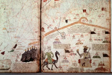 Die Meerenge von Gibraltar und Nordafrika markiert die Flaggen der Mauren, rechts der König von Mali Kanga Moussa (Kankou Moussa, oder Kankan Moussa oder Mansa Moussa), zeigt den Goldenen Globus. Detail des Katalanischen Atlas (Katalanische Karte) illumini