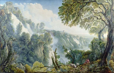 Die Wasserfälle von Tivoli mit einem sitzenden Mann unterhalb des Sibyllentempels