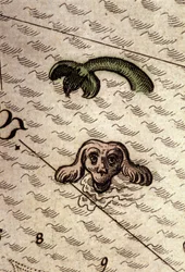 Ein Meeresmonster mit Hundekopf und Fischkörper. (Detail) einer Karte in „Theatrum Orbis Terrarum“ von Abraham Ortelius, Antwerpen 1584.