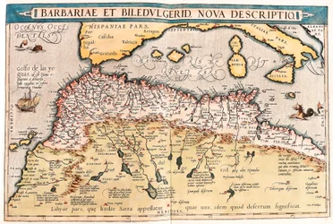 Barbariae und Biledulgerid, Nova Descriptio. Geographische Karte von Nordafrika aus „Theatrum Orbis Terrarum“ von Abraham Ortelius (Oertel, Ortell oder Ortel)