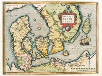 Daniae regni Typus Geographiekarte des Territoriums von Dänemark und Südschweden aus „Theatrum Orbis Terrarum“ von Abraham Ortelius