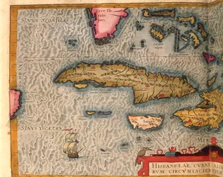 Karte von Kuba und Jamaika aus Theatrum Orbis Terrarum von Abraham Ortelius, gedruckt in Antwerpen
