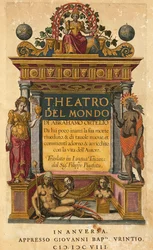 Theatrum orbis terrarum, von Abraham Ortelius, Titelseite der italienischen Ausgabe, übersetzt von Filippo Pigafetta