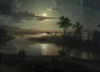 Abendszene mit Vollmond und Personen