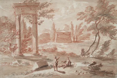 Landschaft mit Grab, Ruinen und Figuren