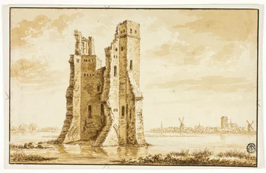 Ruinen des Merwede-Herrenhauses von vorne gesehen mit Dordrecht im Hintergrund