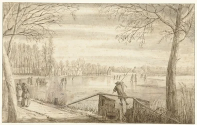 Schlittschuhläufer auf der Vecht, nahe Maarssen, mit den Anwesen von Daelwijck und Vechthoven in der Ferne