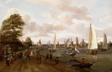 Eine Panoramaaussicht auf Amsterdam mit einer Barke und kleinen Schiffen auf dem Buiten-Amstel