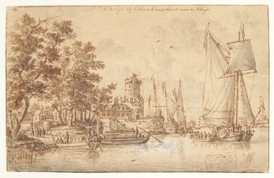 Rheinlandschaft mit Burg und Schiffen