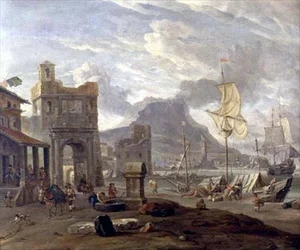 See Hafen mit großen und kleinen Schiffen