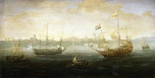 Ein niederländisches und ein britisches Boot mit der Stuart-Flagge segeln vor einem Hafen, umgeben von verschiedenen kleinen Booten
