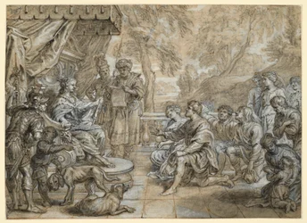 Eine Königin mit Hermelinmantel und Zepter (Semiramis?) auf einem Thron, vor ihr kniet eine Gruppe Männer und Frauen