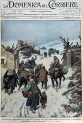 2000 Häuser stürzten nach dem Erdbeben in Serbien-Mazedonien ein: der traurige Exodus der Bevölkerung, die die verwüsteten Dörfer verlässt - Zeichnung von A. Beltrame in „la Domenica del Corriere“ vom 22.03.1931