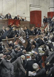 Eine stürmische Sitzung in der italienischen Abgeordnetenkammer während einer Haushaltsdebatte. Abgeordneter Chiesa unterbricht die Abstimmung, indem er die Wahlurne wirft. „La Domenica del Corriere“