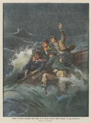 Qual von vier Schiffbrüchigen auf dem Kiel eines vom Sturm geschlagenen Bootes auf dem Genfersee