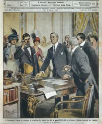 Amerikanischer Präsident Woodrow Wilson löst telegraphisch die Sprengung der letzten Barriere des Panamakanals aus, Illustration von Achille Beltrame